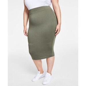 Bar III Women's Plus Size 2X Olive Green Stretchy Bodycon Jersey Midi Skirt NWT